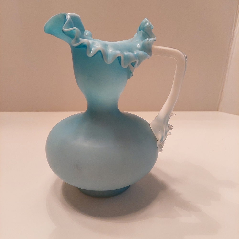 Vintage Opaque Blue Milk Glass Pitcher.